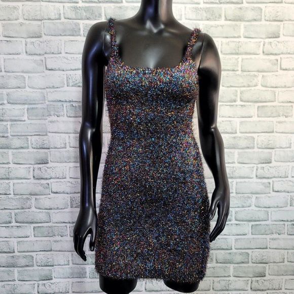 Rehab Brand Womens S Colorful Tinsel Fuzzy Bodycon Mini Cocktail Dress - Picture 2 of 10